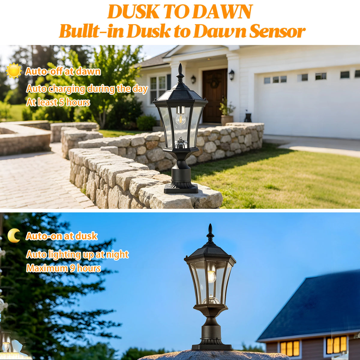 22'' Solar Post LED Light Outdoor Black Dusk to Dawn Lamp with Pier Mount Base