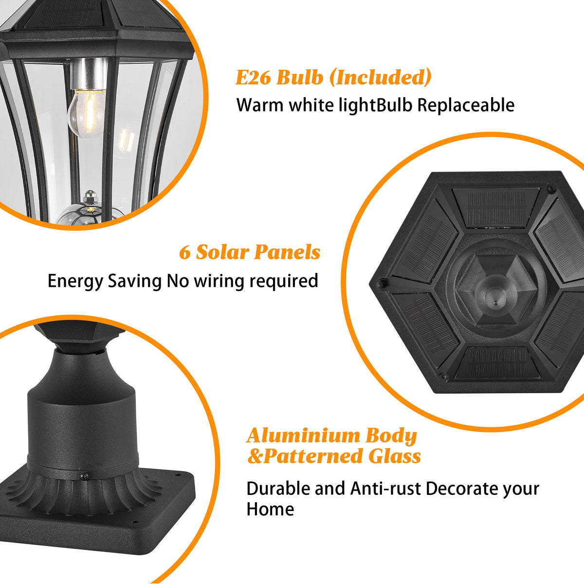 22'' Solar Post LED Light Outdoor Black Dusk to Dawn Lamp with Pier Mount Base