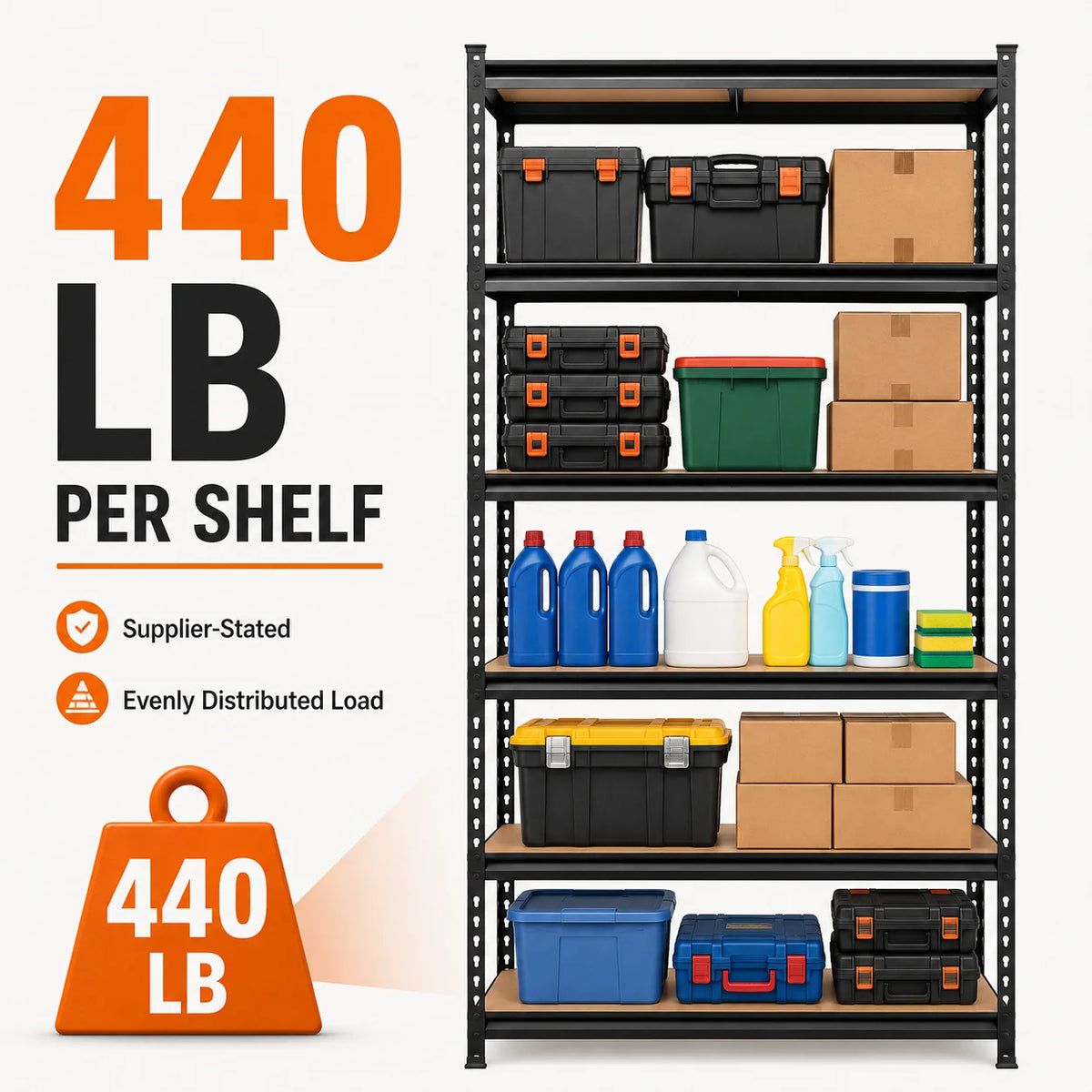 Heavy Duty Five Tier Metal Garage Shelving With MDF Boards