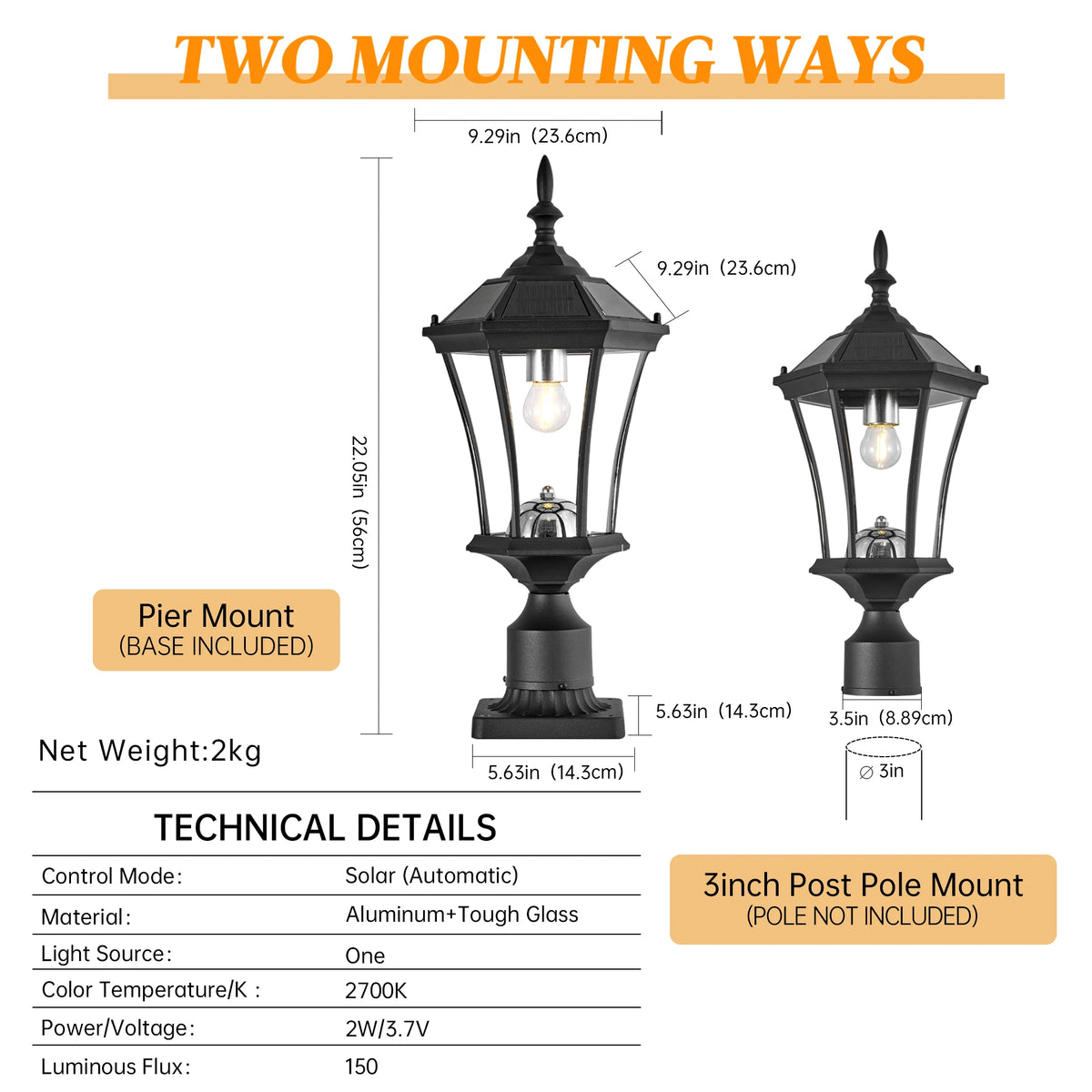 22'' Solar Post LED Light Outdoor Black Dusk to Dawn Lamp with Pier Mount Base