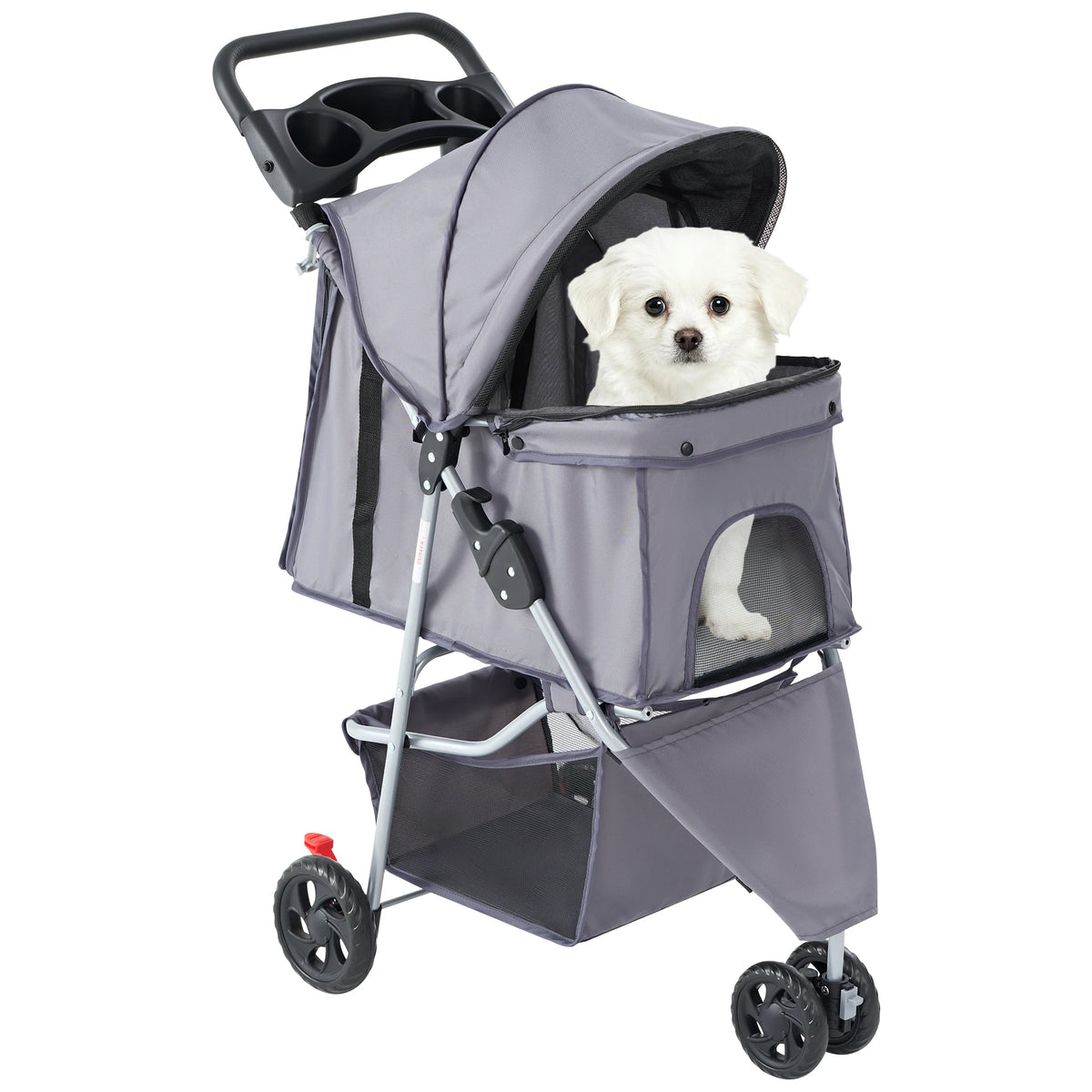 Foldable Three Wheel Pet Stroller With Mesh Windows And Storage