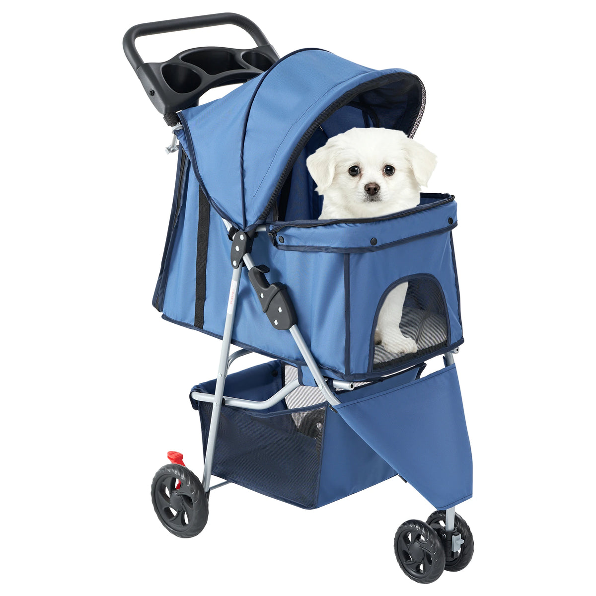 Foldable Three Wheel Pet Stroller With Mesh Windows And Basket
