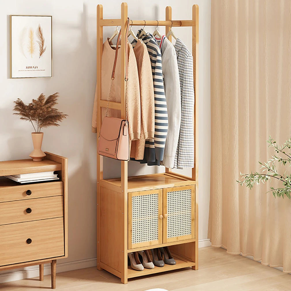 Bamboo Garment Rack With Hanging Rod And Multiple Storage Shelves