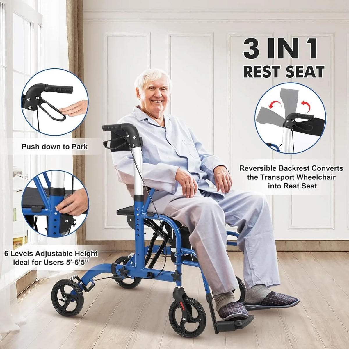 Foldable Aluminum Rollator Walker With Seat And Adjustable Height