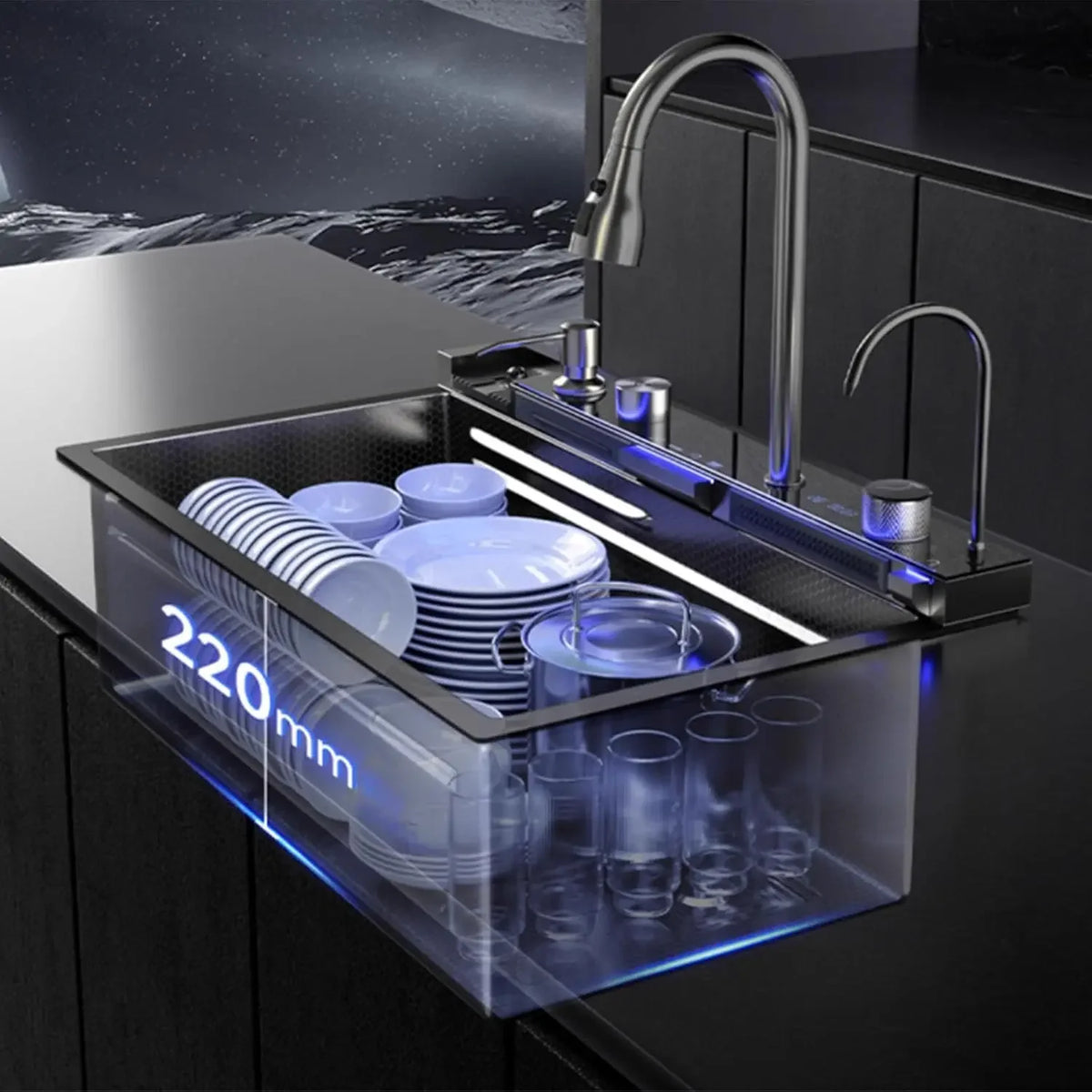 Double Waterfall Kitchen Sink Workstation With LED Display
