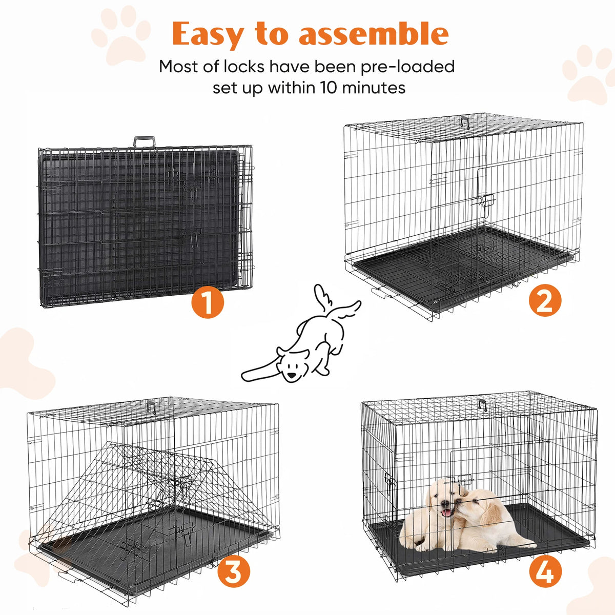 JHK Heavy Duty Folding Metal Dog Crate With Leakproof Pan