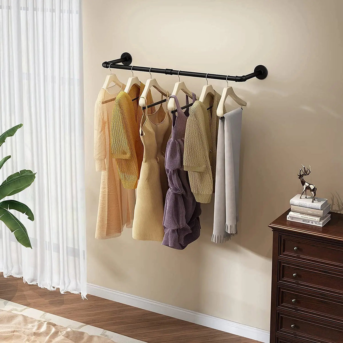 Industrial Wall Mounted Clothes Rack With Hanging Shelf And Hooks