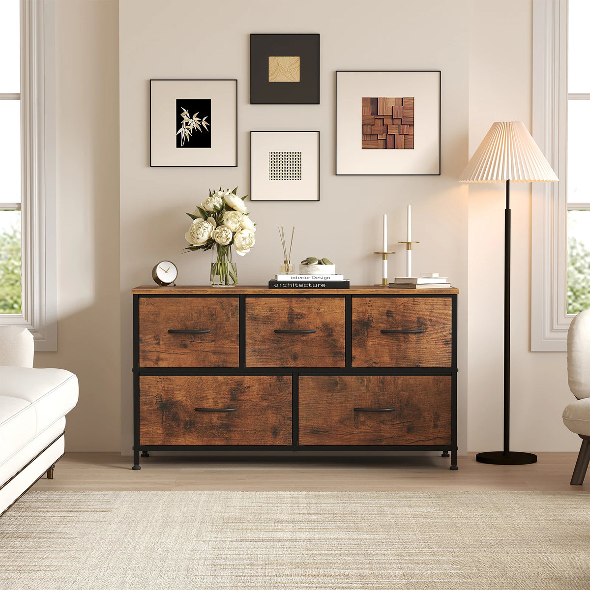 MCQ Five Drawer Fabric Storage Dresser With Wooden Top