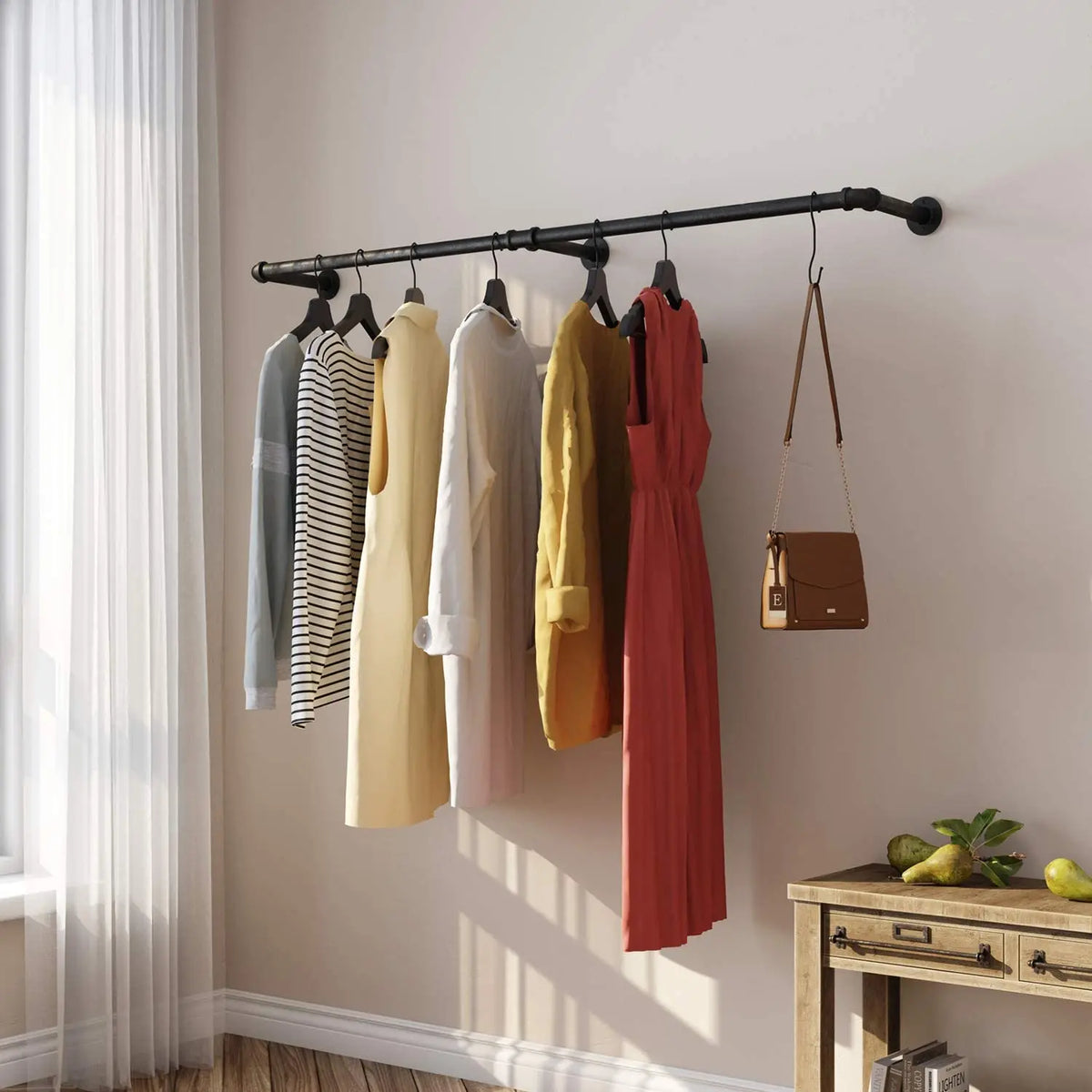 Industrial Wall Mounted Clothes Rack With Hanging Shelf And Hooks