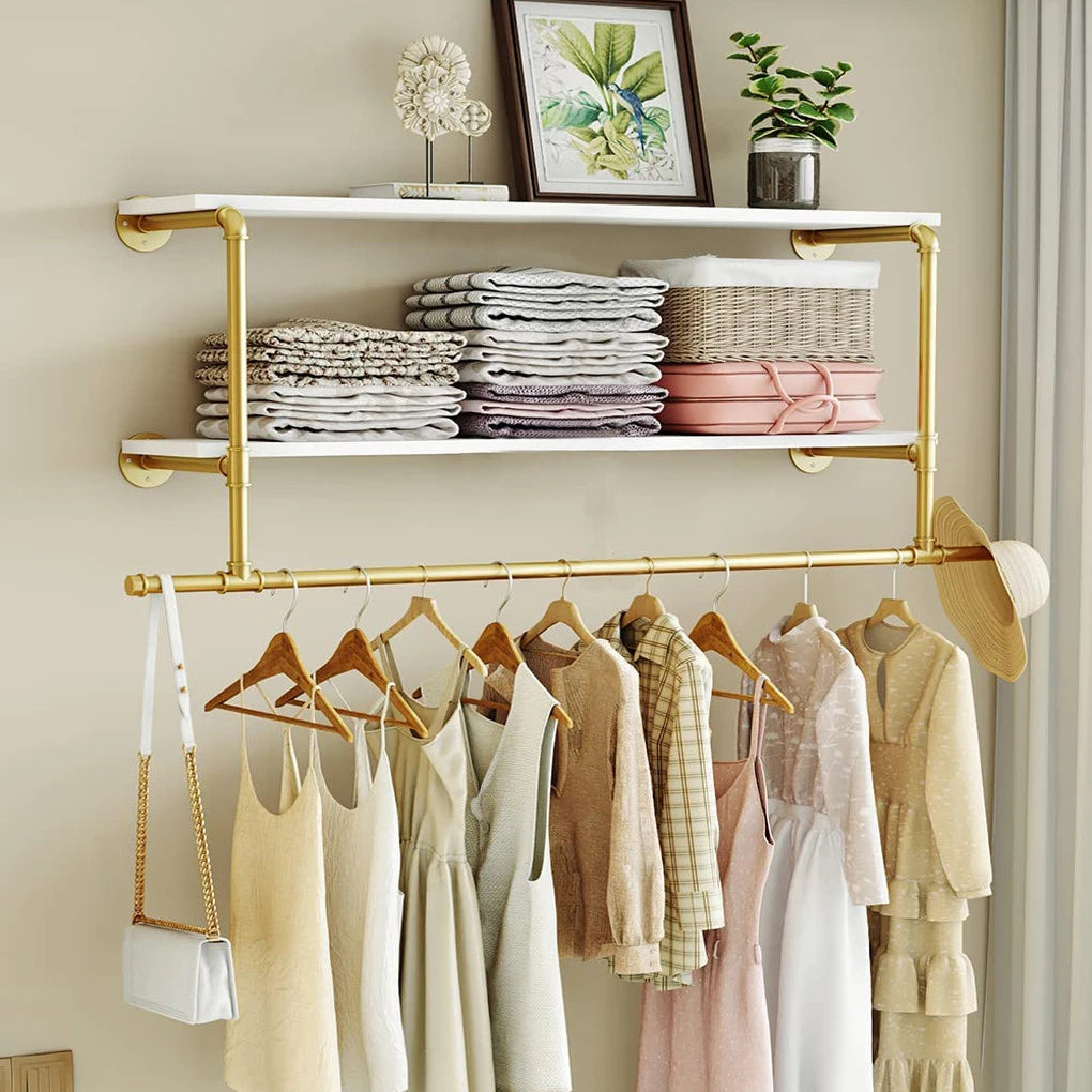 Heavy Duty Wall Mounted Pipe Garment Rack With Open Shelves