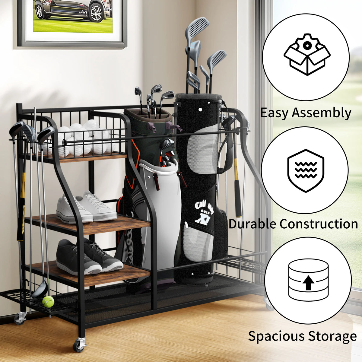 Rolling Golf Bag Storage Rack With Wheels And Equipment Shelves