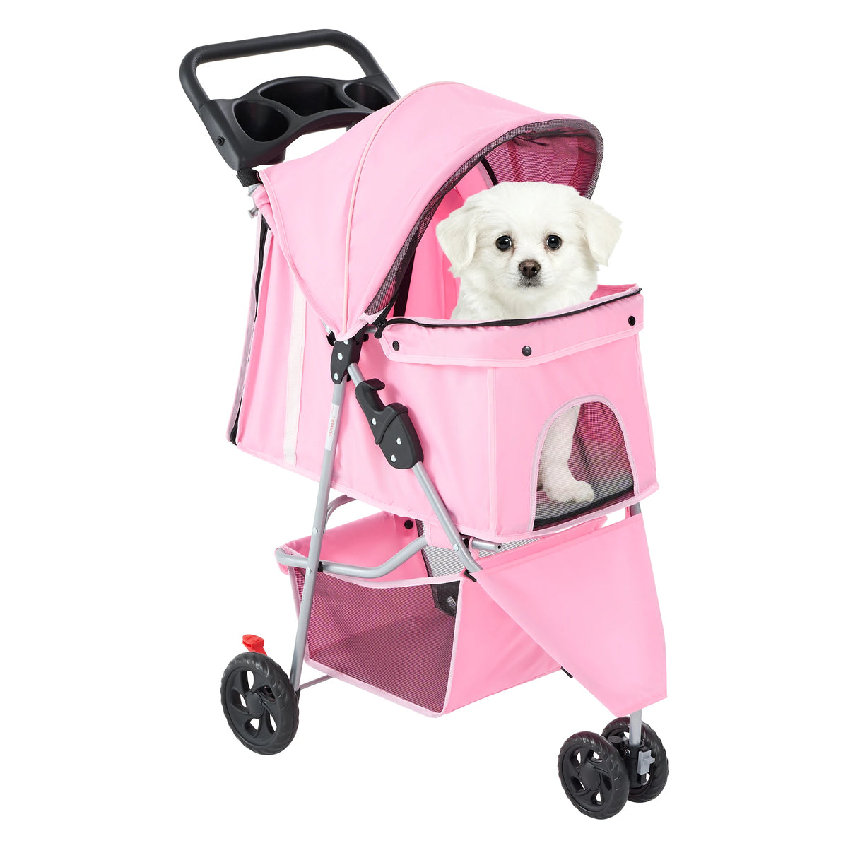 Foldable Three Wheel Pet Stroller With Mesh Windows And Storage