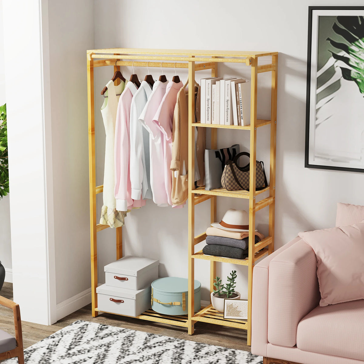 Open Wardrobe Bamboo Garment Rack With Shelves And Hanging Cover