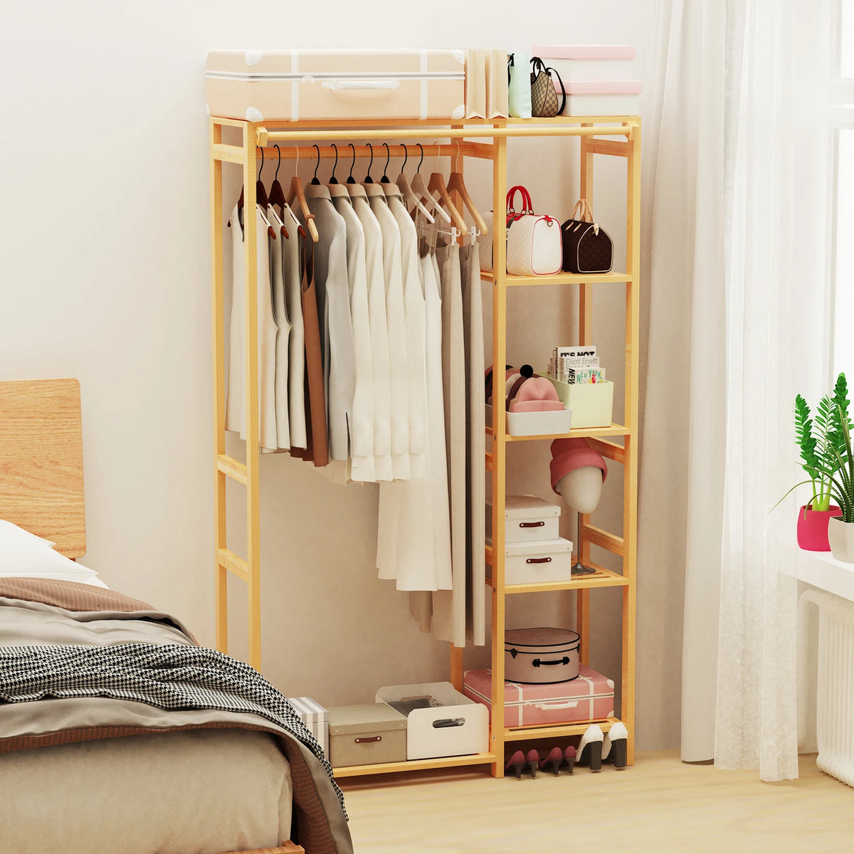 Open Wardrobe Bamboo Garment Rack With Shelves And Hanging Cover