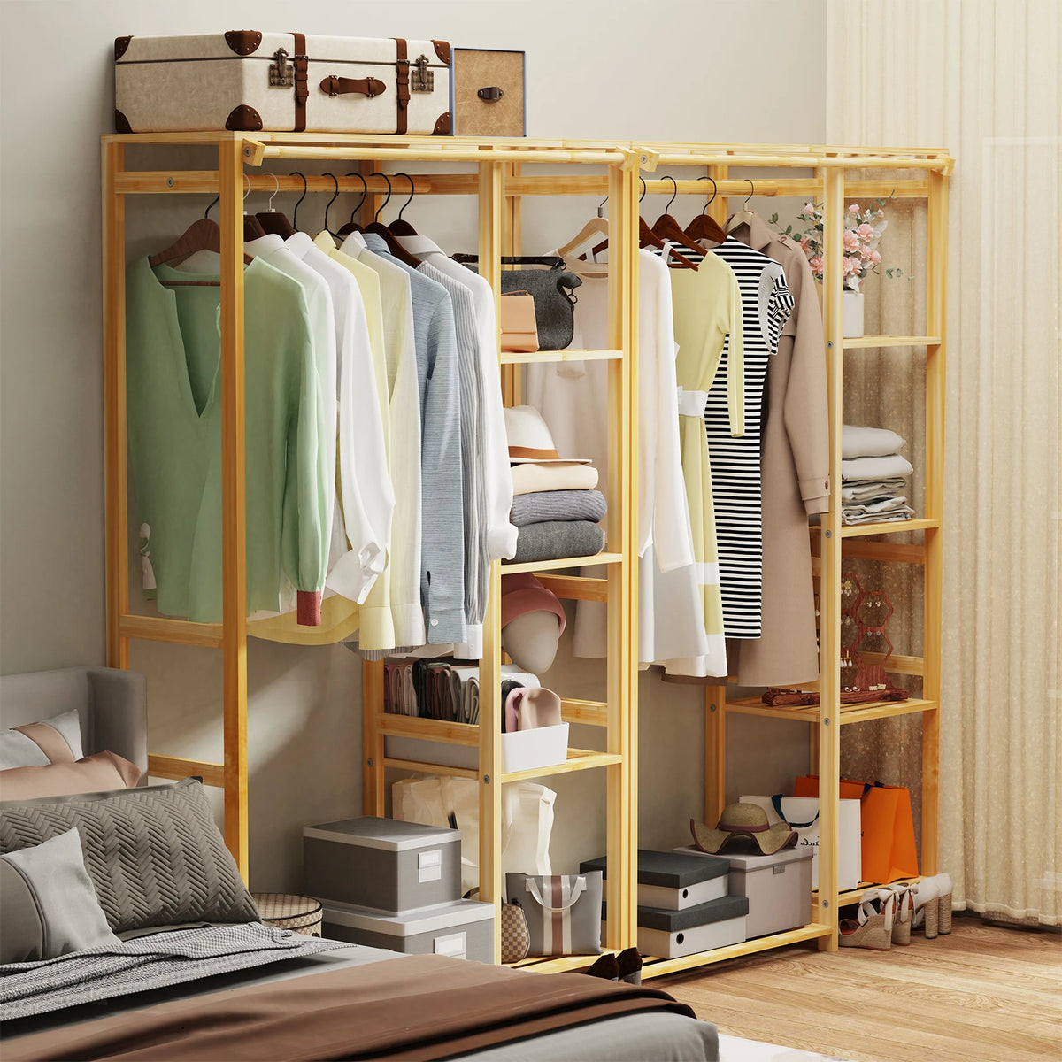 Open Wardrobe Bamboo Garment Rack With Shelves And Hanging Cover