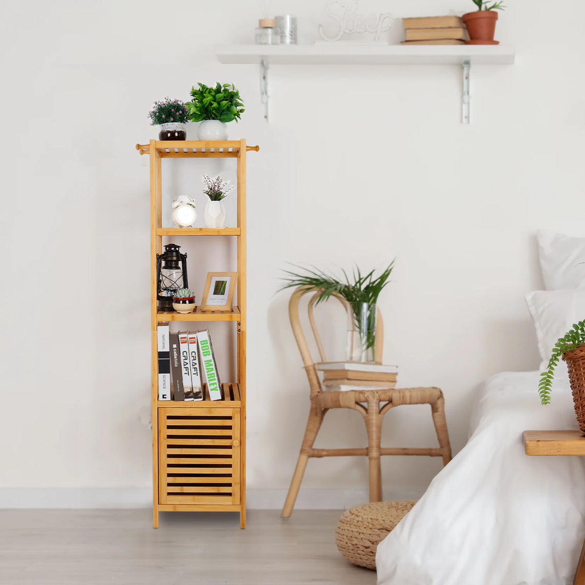 Freestanding Bamboo Bathroom Storage Cabinet With Corner Shelf Rack
