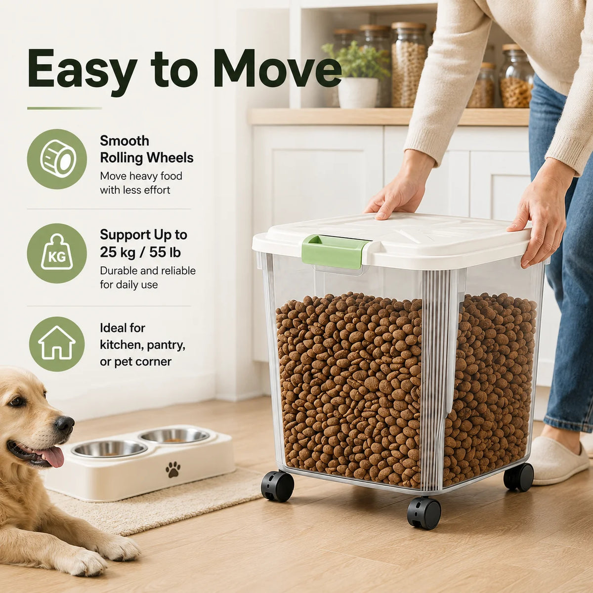 55Lbs Airtight Pet Food Storage Container with Wheels, Large Capacity Sealed Dog Cat Food Bin with Measuring Cup, Moisture Proof Rolling Pet Dry Food Storage Bucket for Dog Kibble Treats