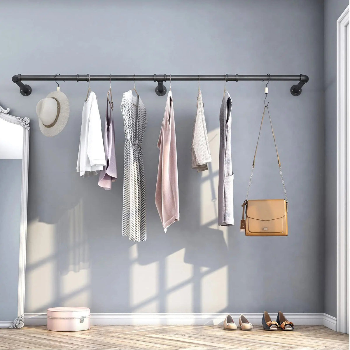 Industrial Wall Mounted Clothes Rack With Hanging Shelf And Hooks