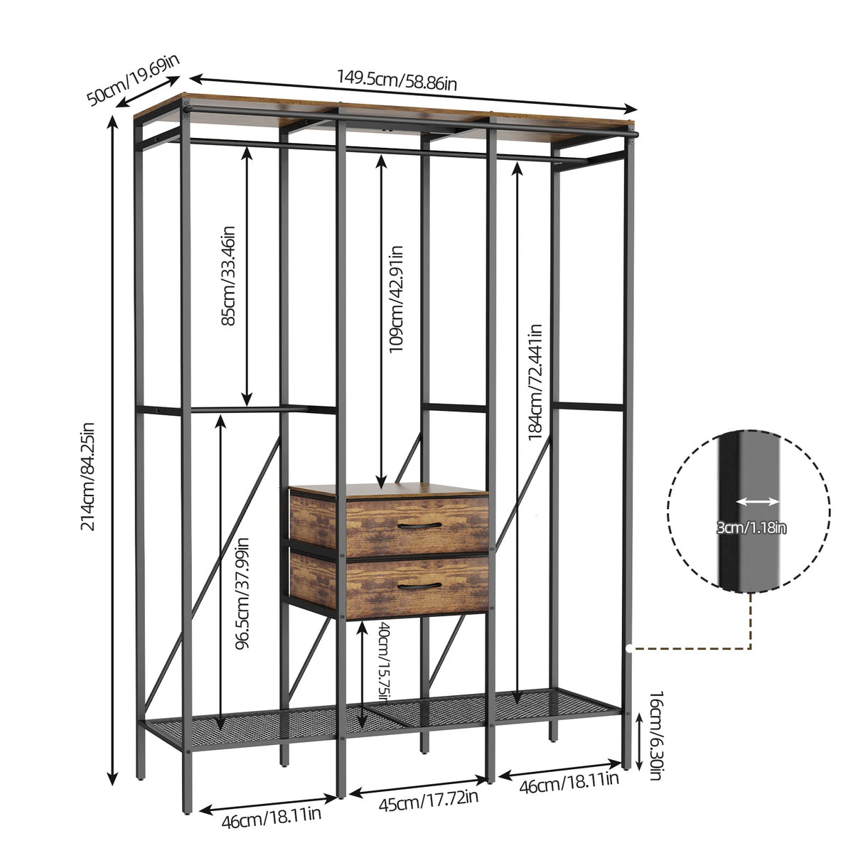 Industrial Metal Coat Rack With Drawers Shelves And Hanging Rail