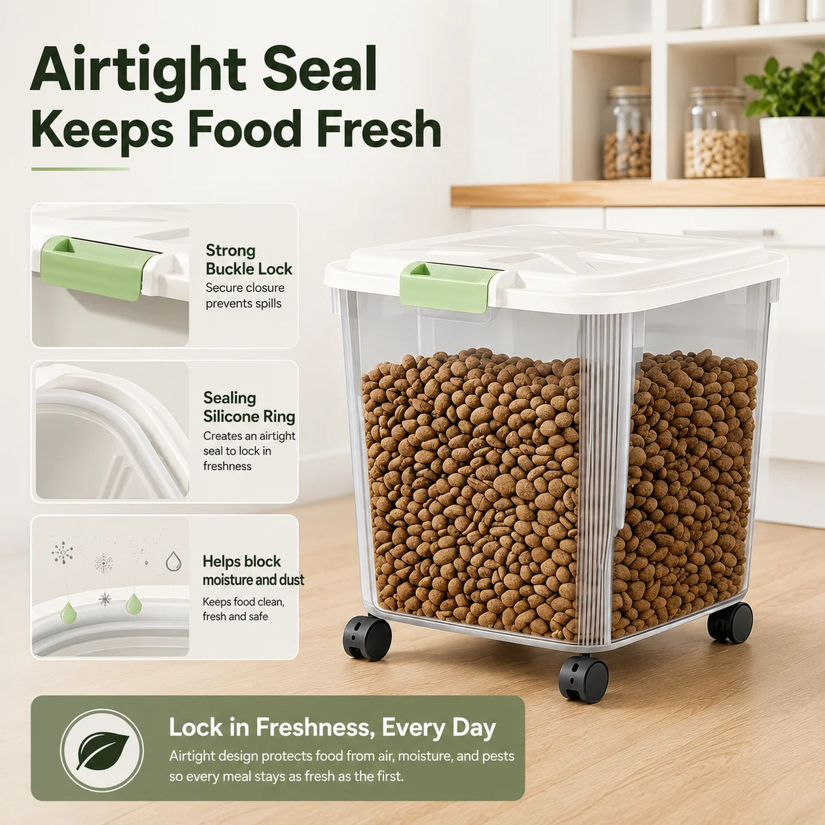 55Lbs Airtight Pet Food Storage Container with Wheels, Large Capacity Sealed Dog Cat Food Bin with Measuring Cup, Moisture Proof Rolling Pet Dry Food Storage Bucket for Dog Kibble Treats