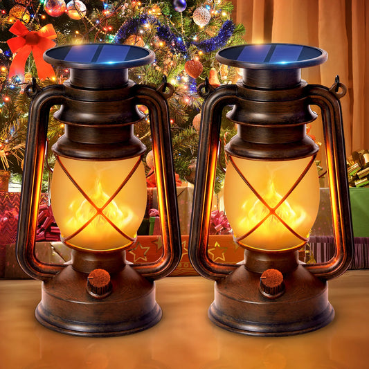 Solar Lanterns Outdoor Waterproof, 2 Pack Flickering Flame LED Hanging Lantern, Bronze Vintage Solar Powered Decorative Lights for Patio Porch Garden Yard Pathway Camping