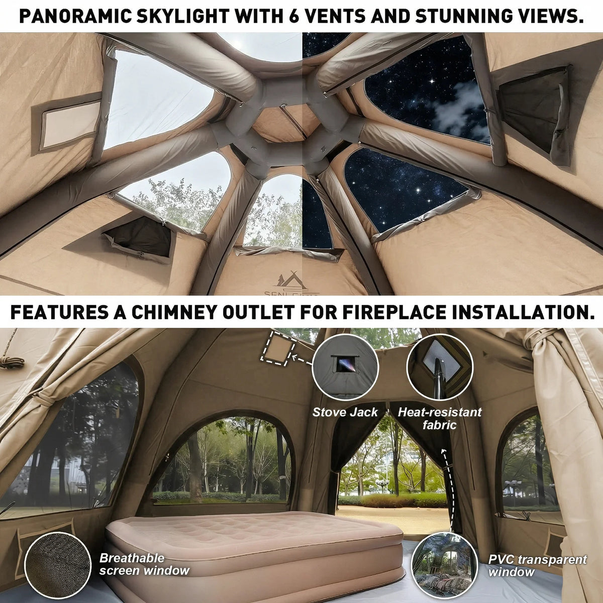 Senleeto Inflatable Glamping Dome Tent With Rainfly For Family