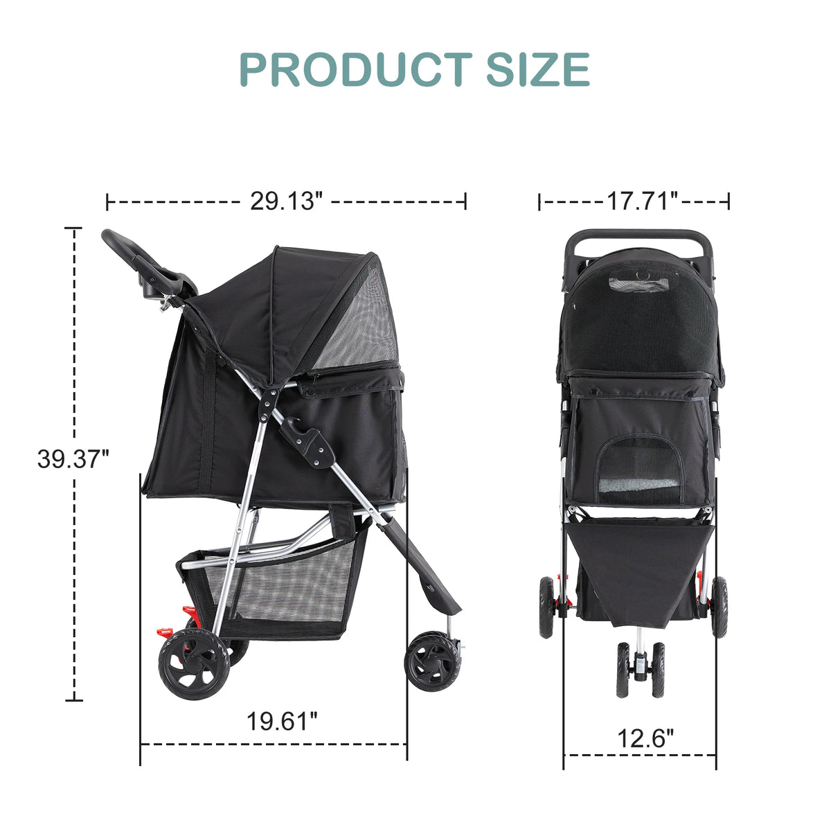 Foldable Three Wheel Pet Stroller With Mesh Windows And Storage