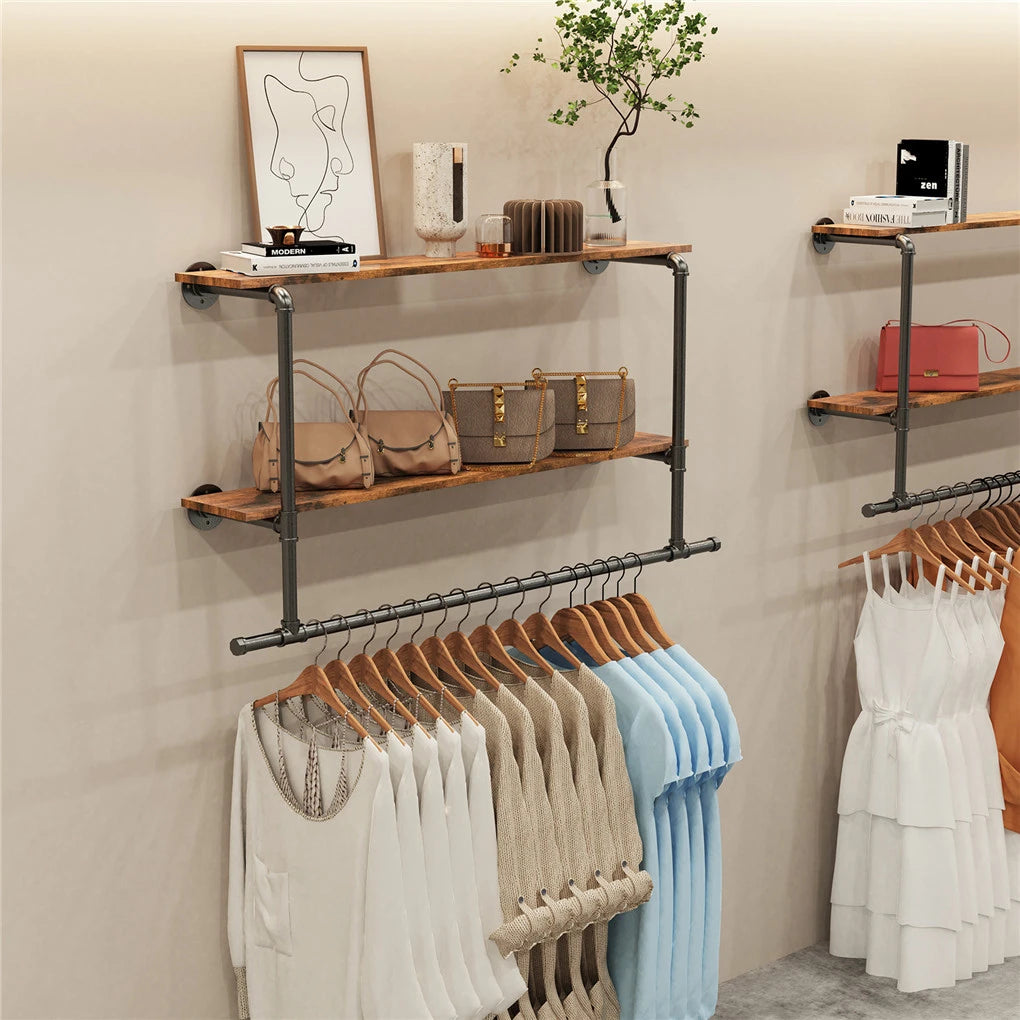 Heavy Duty Wall Mounted Pipe Garment Rack With Open Shelves