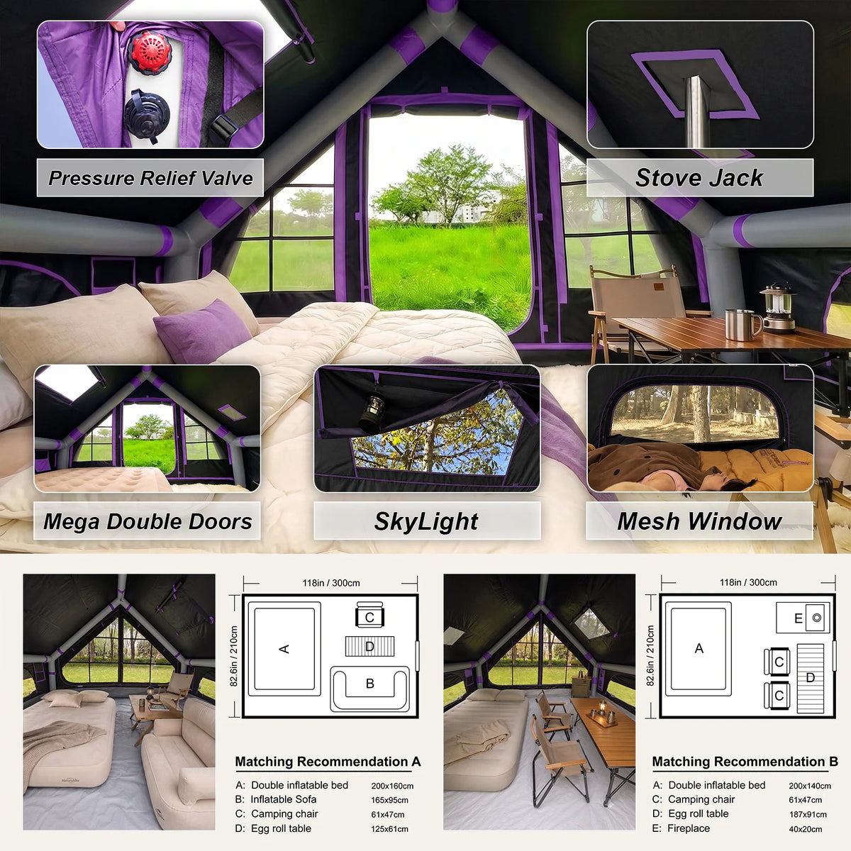 Senleeto Inflatable Camping Tent With Stove Jack Mesh Window