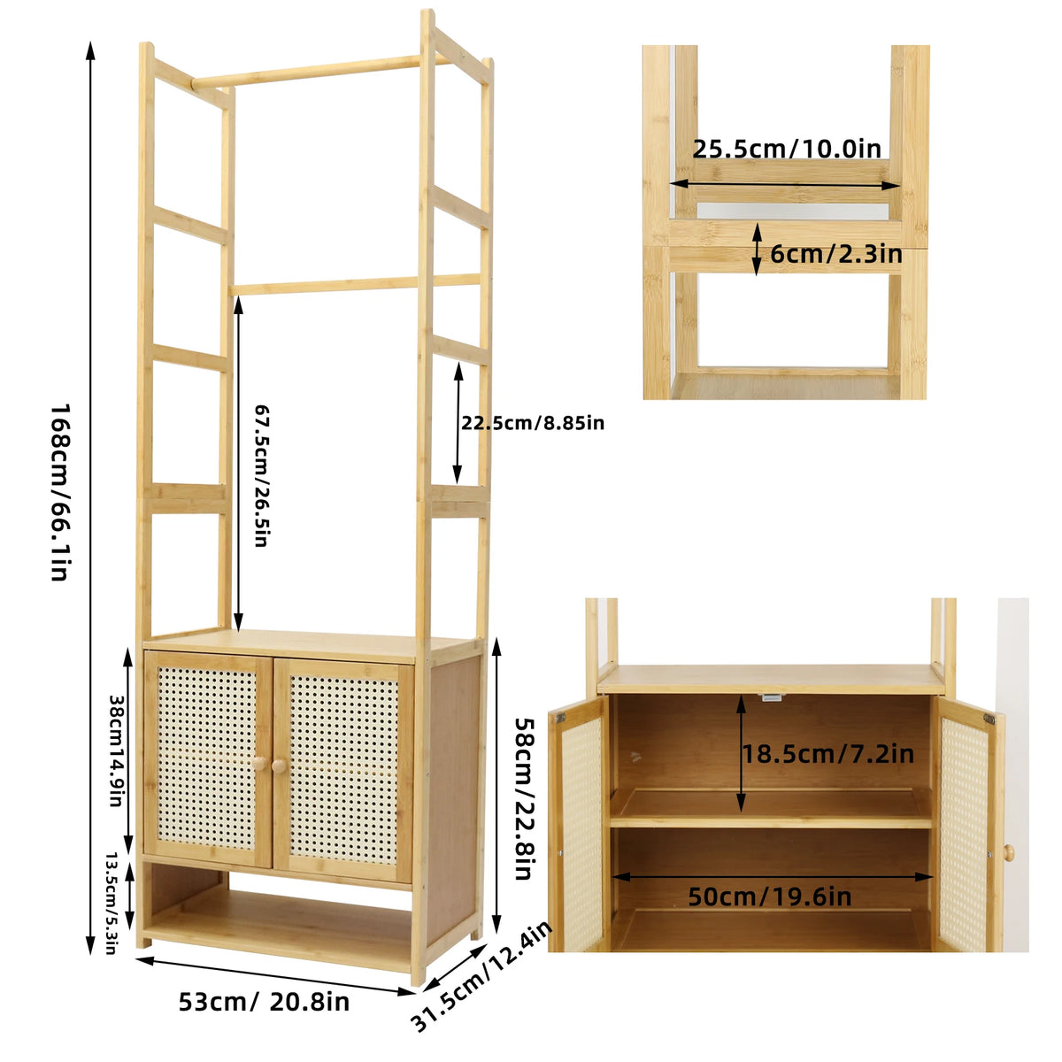 Bamboo Garment Rack With Hanging Rod And Multiple Storage Shelves