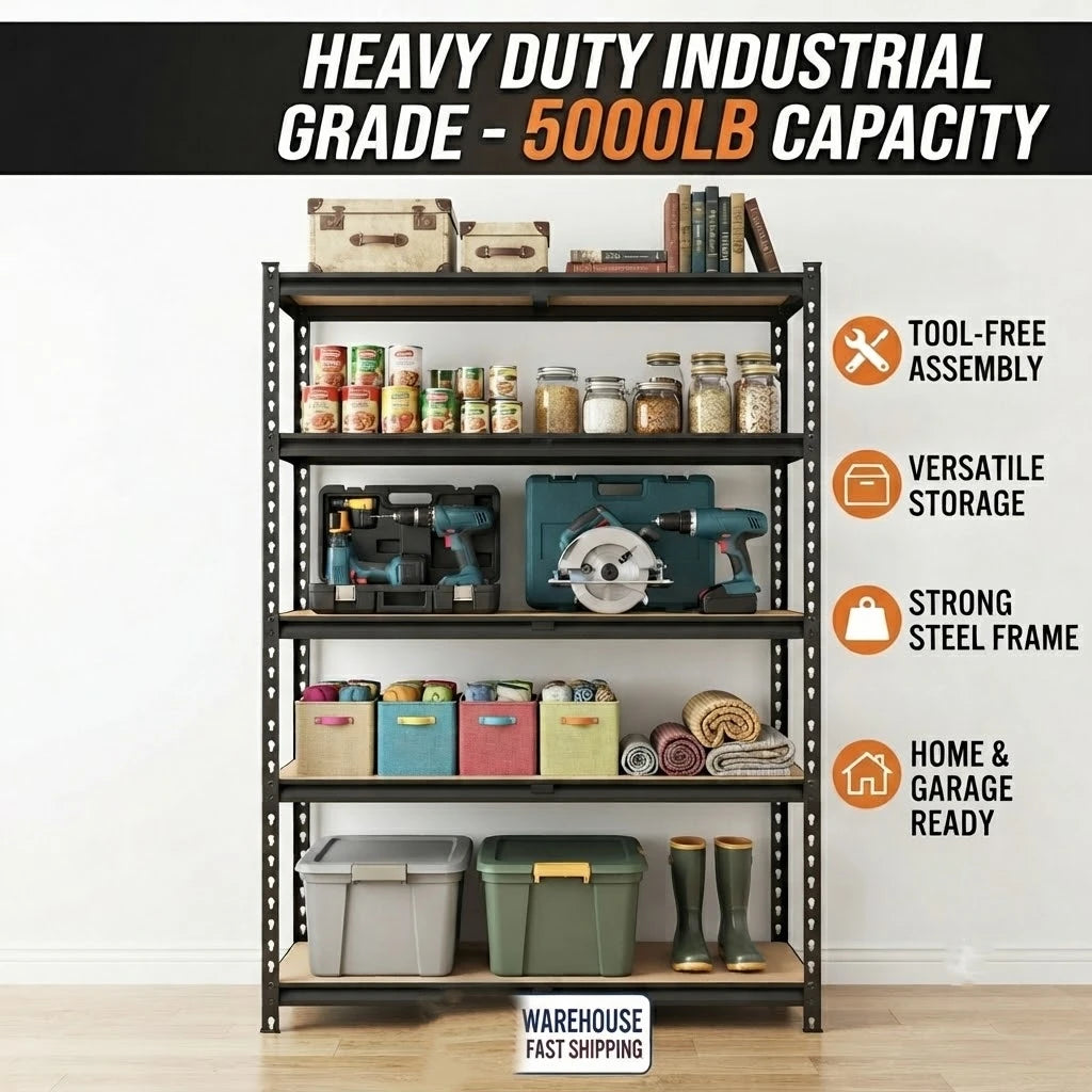 Heavy Duty Five Tier Metal Garage Shelving With MDF Boards