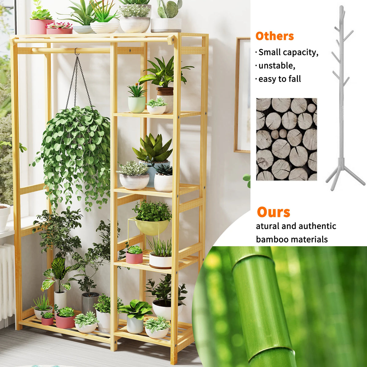Bamboo Garment Rack With Shelves And Hanging Cover Organizer