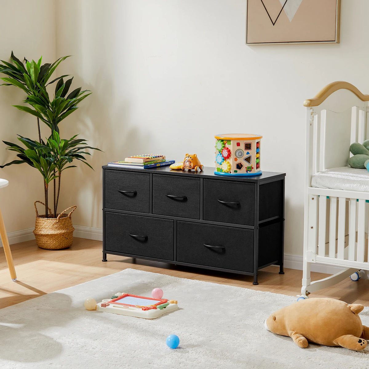 MCQ Five Drawer Fabric Storage Dresser With Wooden Top