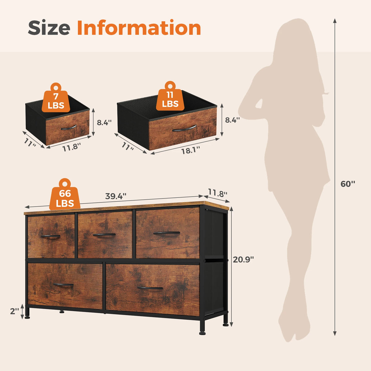 MCQ Five Drawer Fabric Storage Dresser With Wooden Top