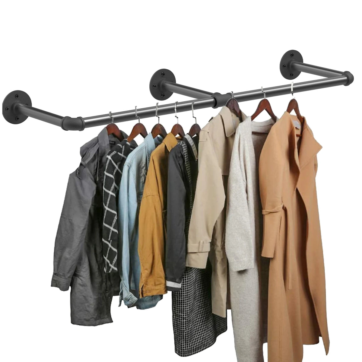 Industrial Wall Mounted Clothes Rack With Hanging Shelf And Hooks