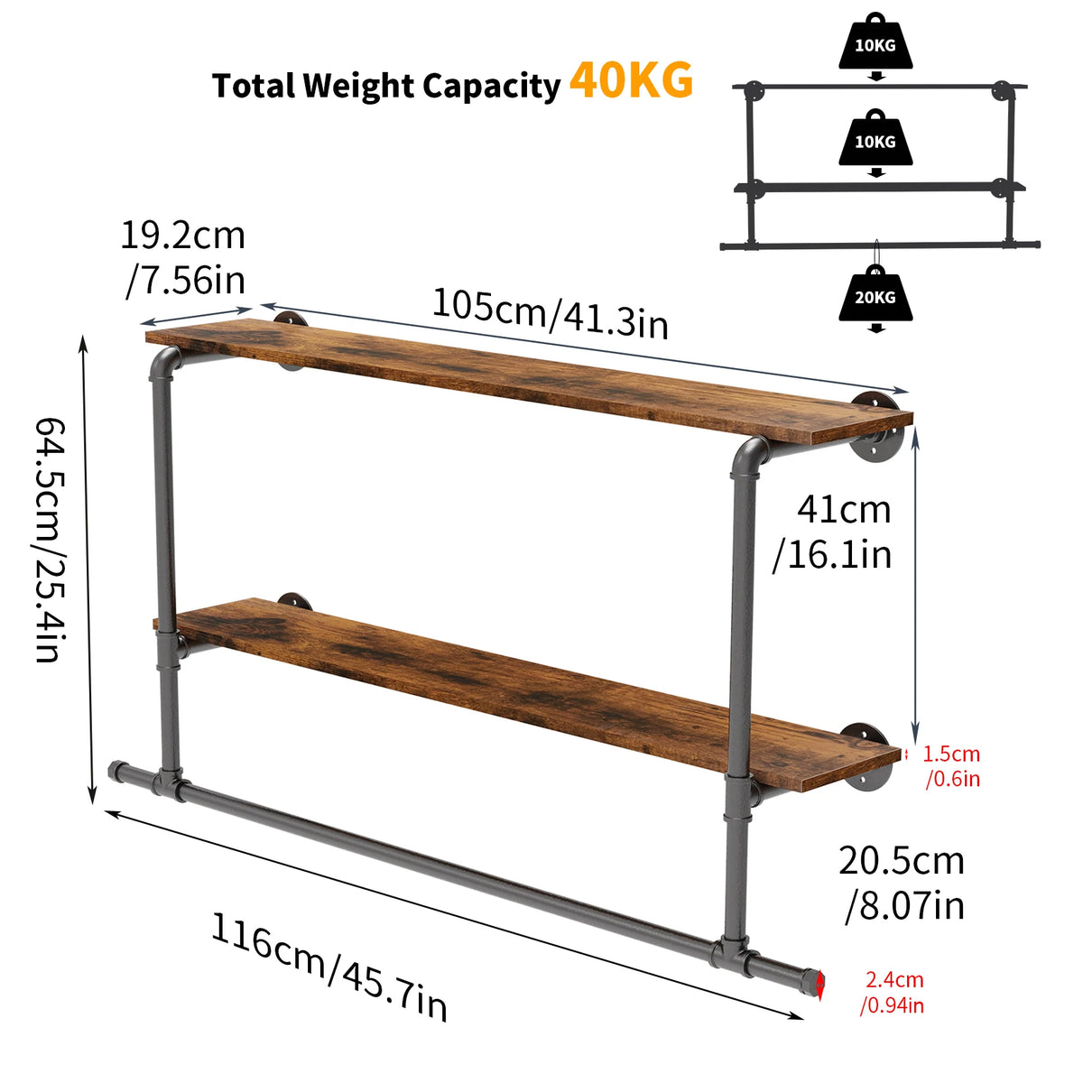 Heavy Duty Wall Mounted Pipe Garment Rack With Open Shelves