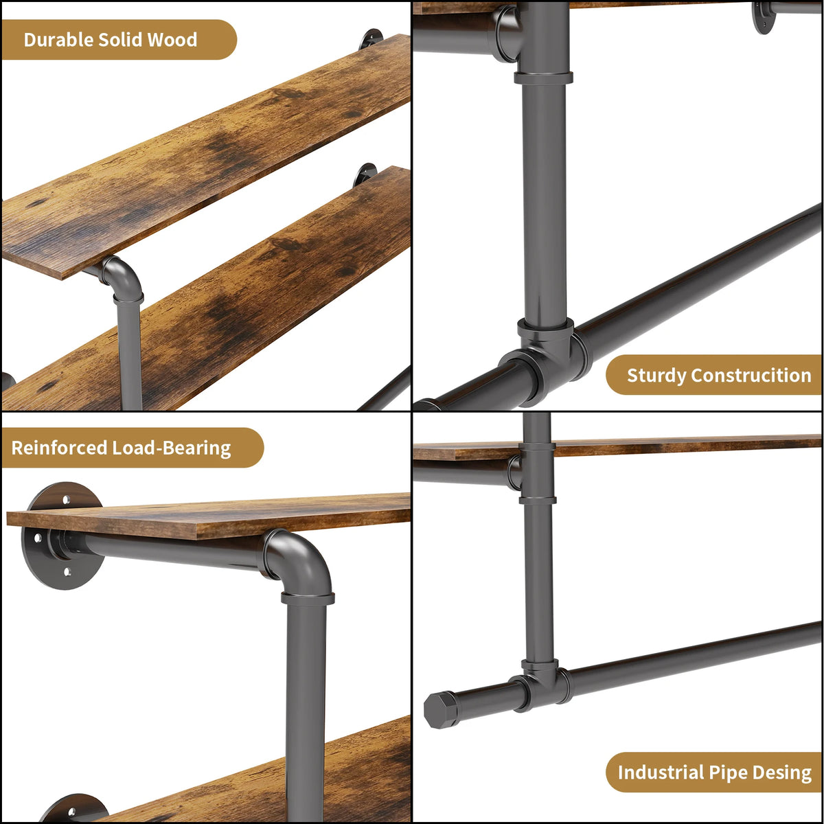 Heavy Duty Wall Mounted Pipe Garment Rack With Open Shelves