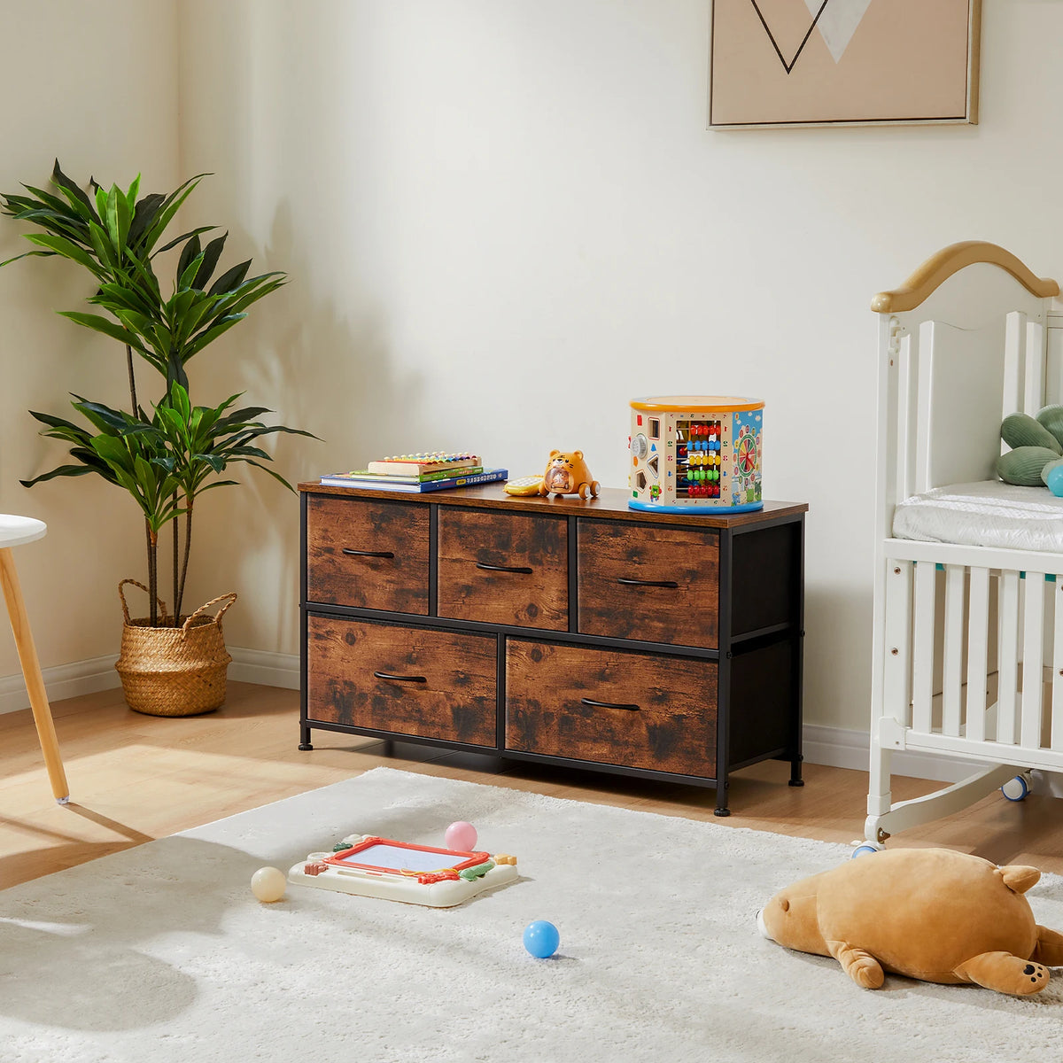MCQ Five Drawer Fabric Storage Dresser With Wooden Top