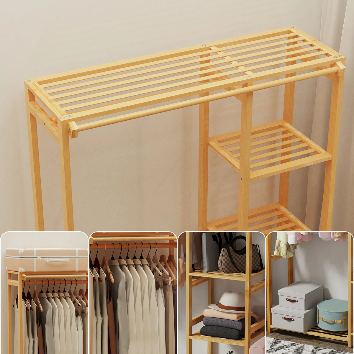 Open Wardrobe Bamboo Garment Rack With Shelves And Hanging Cover