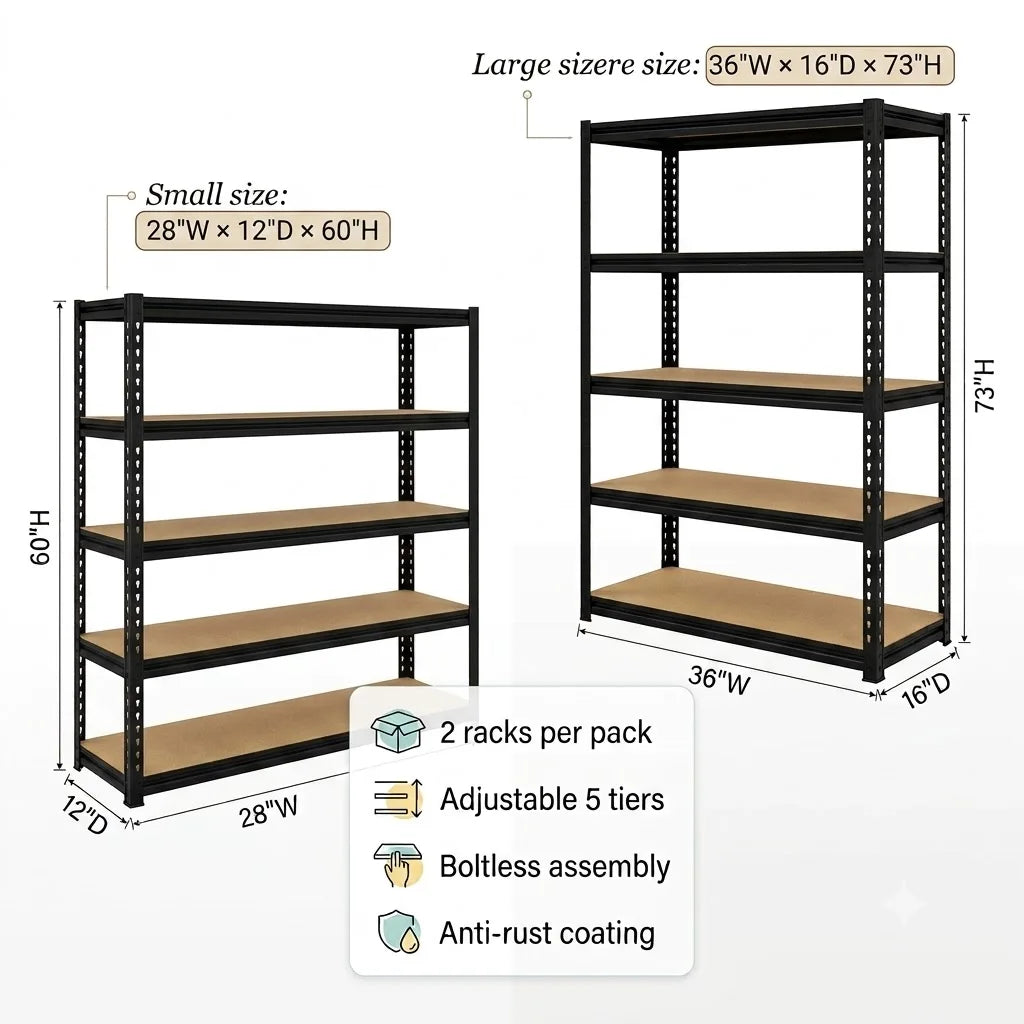 Heavy Duty Five Tier Adjustable Metal Storage Shelving Rack Set