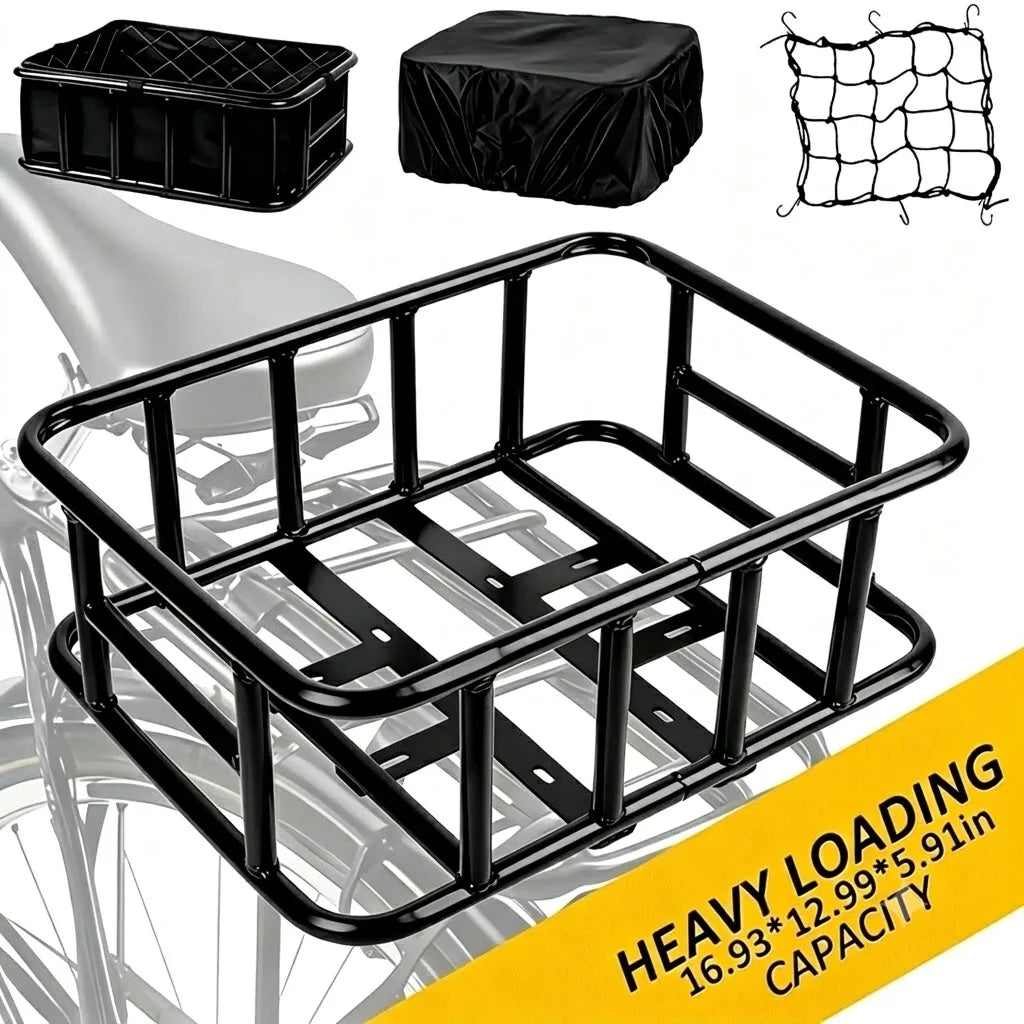 Heavy Duty Bike Rear Basket with Waterproof Cover and Accessories