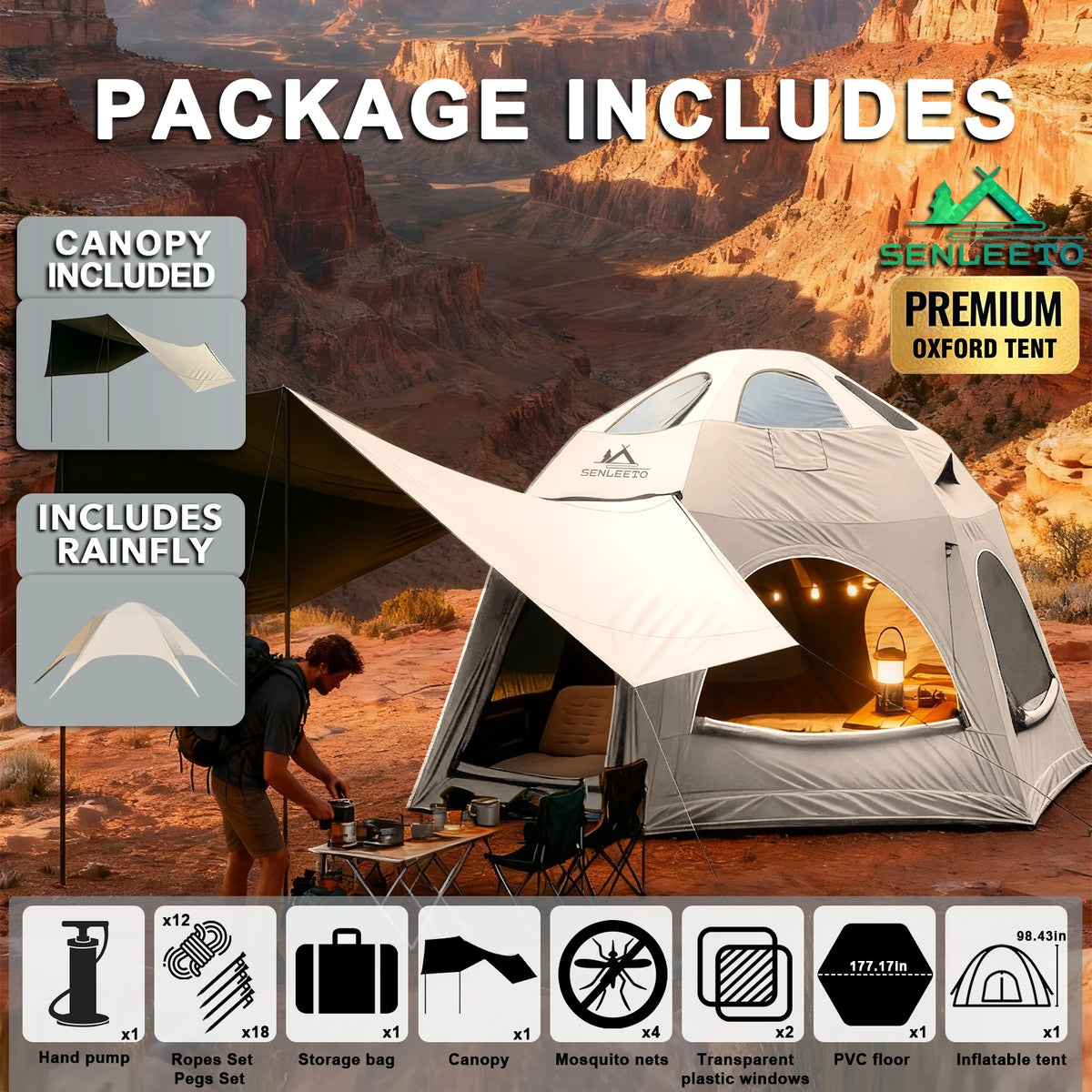 Senleeto Inflatable Glamping Dome Tent With Rainfly For Family