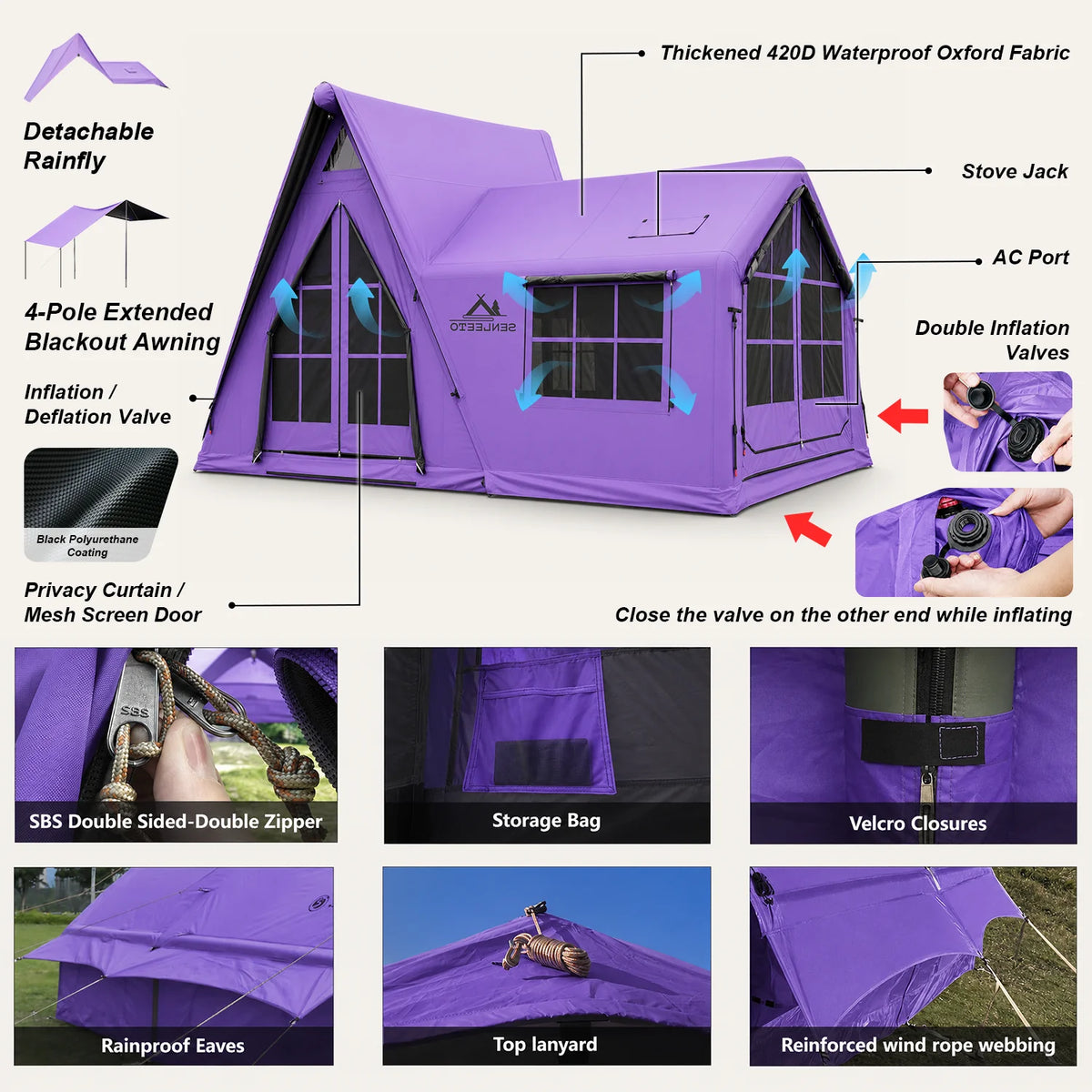 Senleeto Inflatable Camping Tent With Rain Canopy And Stove Jack
