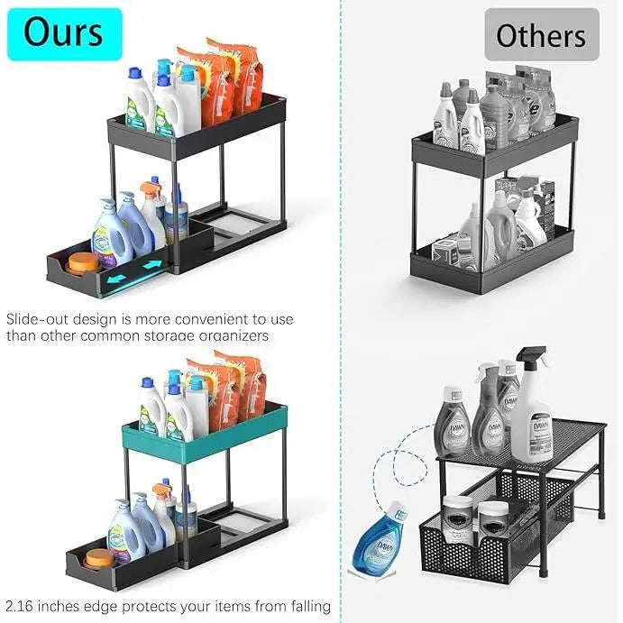 Two Tier Sliding Under Sink Organizer With Hooks And Baskets