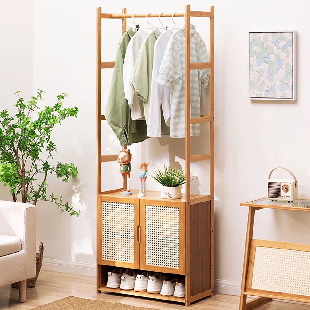 Bamboo Garment Rack With Hanging Rod And Multiple Storage Shelves