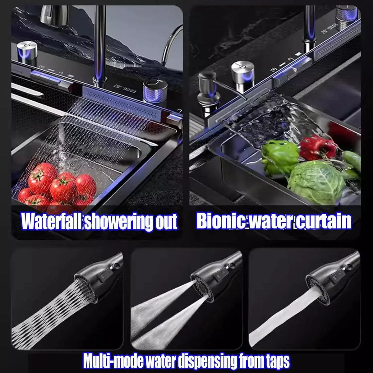 Double Waterfall Kitchen Sink Workstation With LED Display