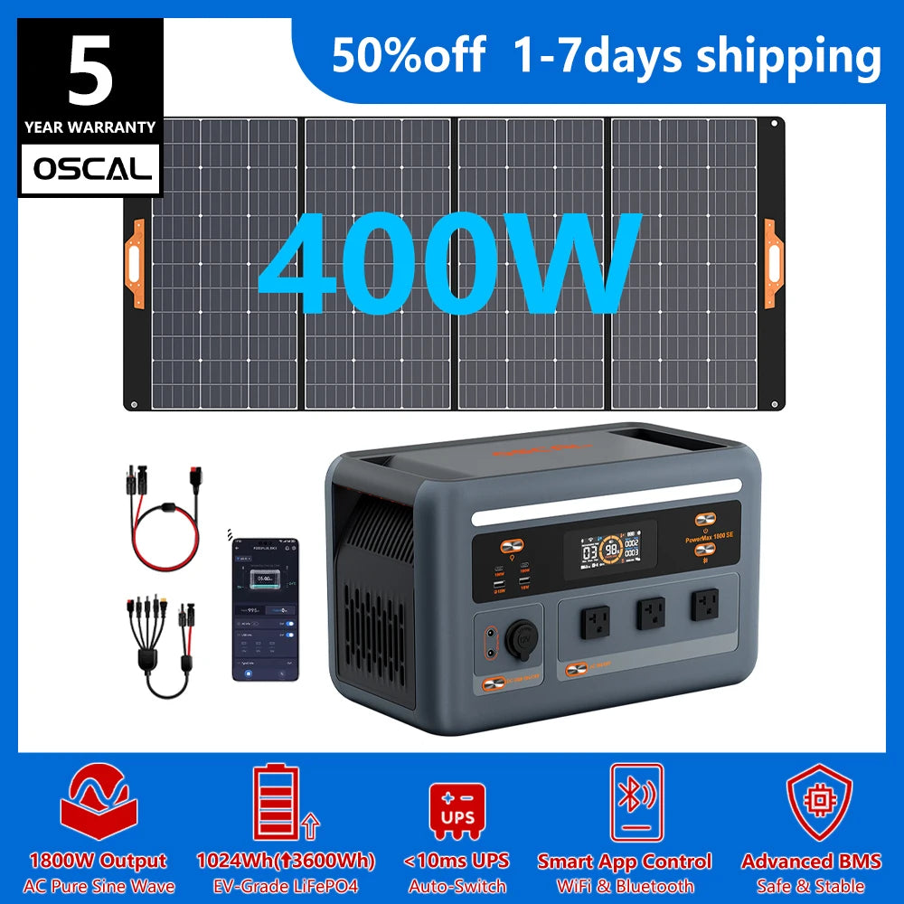 OSCAL PowerMax 1800se 1800W/120V Portable Power Station 1024Wh LiFePO4 Continuous 3600W Surge 1H Fast Charge UPS Solar Generator APP Control for Home Hurricane Camping RV