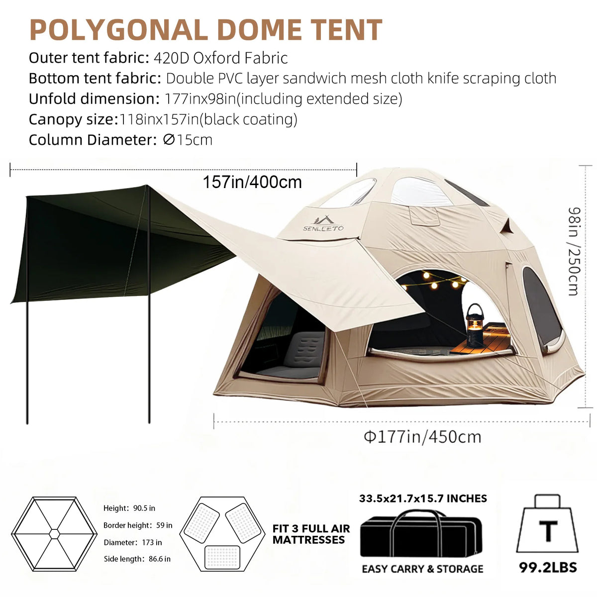 Senleeto Inflatable Glamping Dome Tent With Rainfly For Family