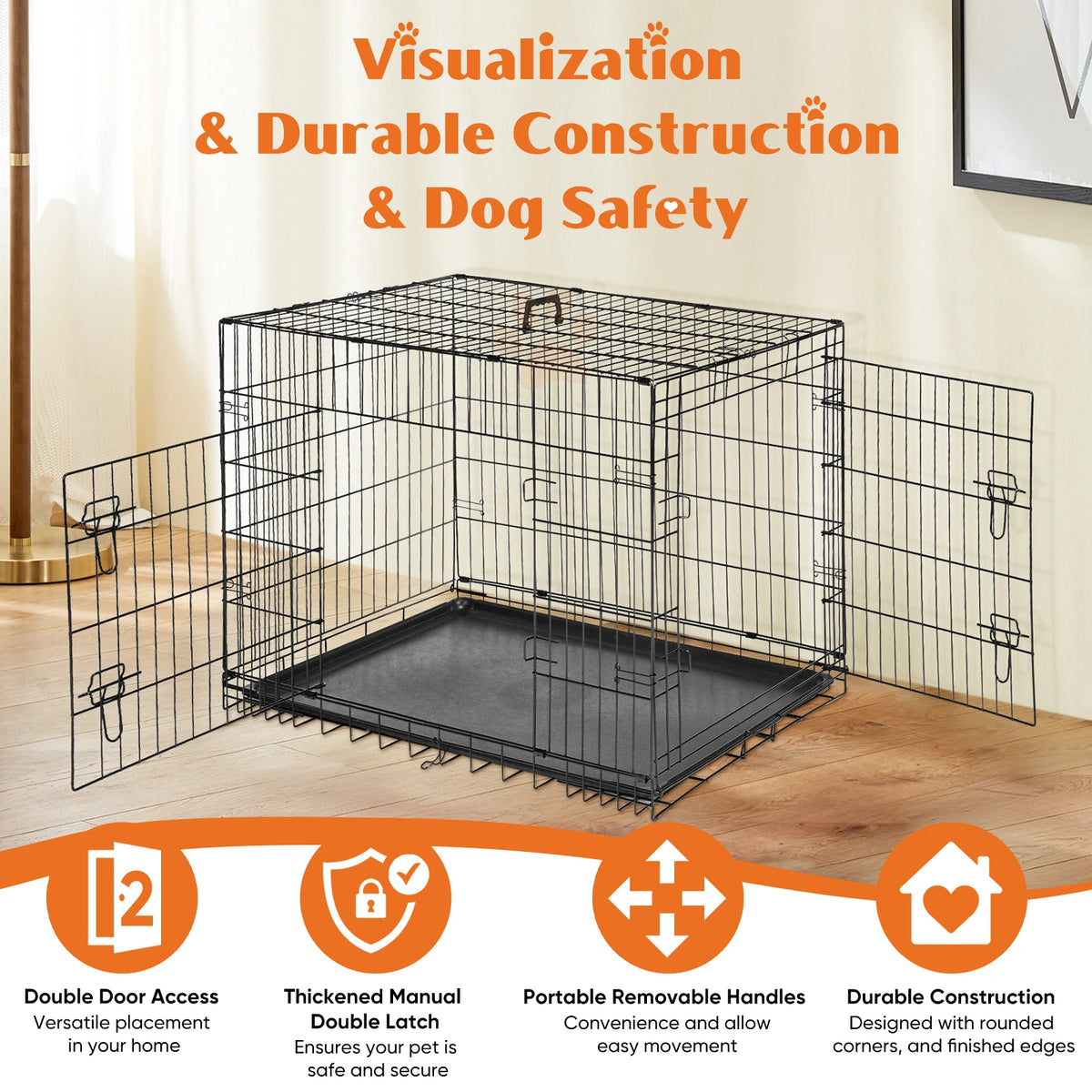 JHK Heavy Duty Folding Metal Dog Crate With Leakproof Pan