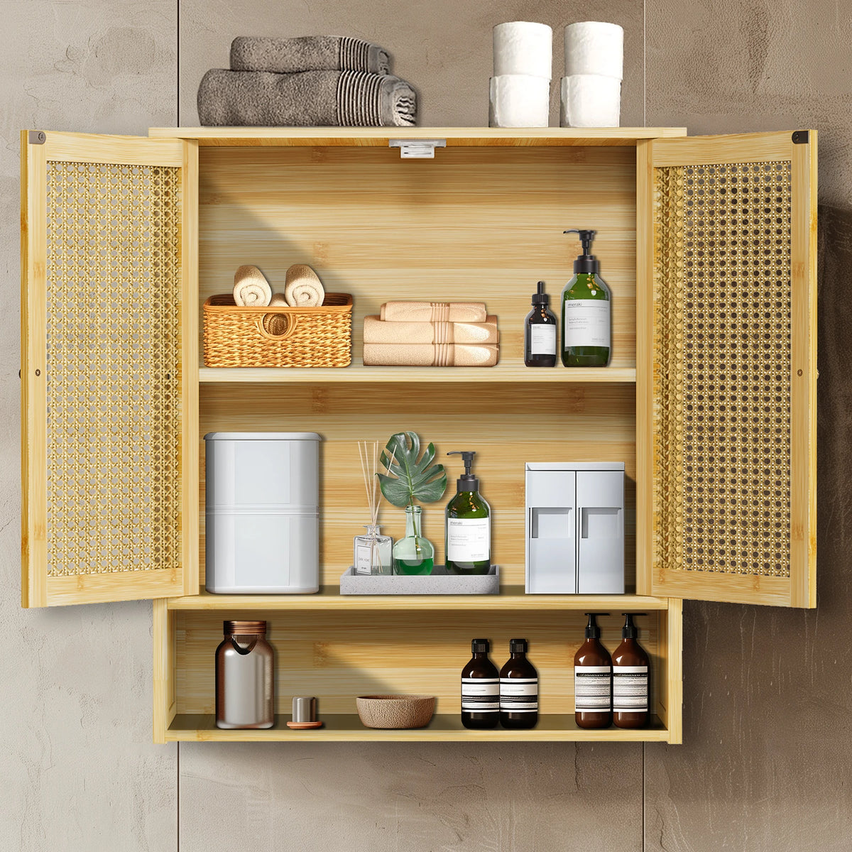 Bamboo Over Toilet Bathroom Wall Cabinet With Shelves And Doors